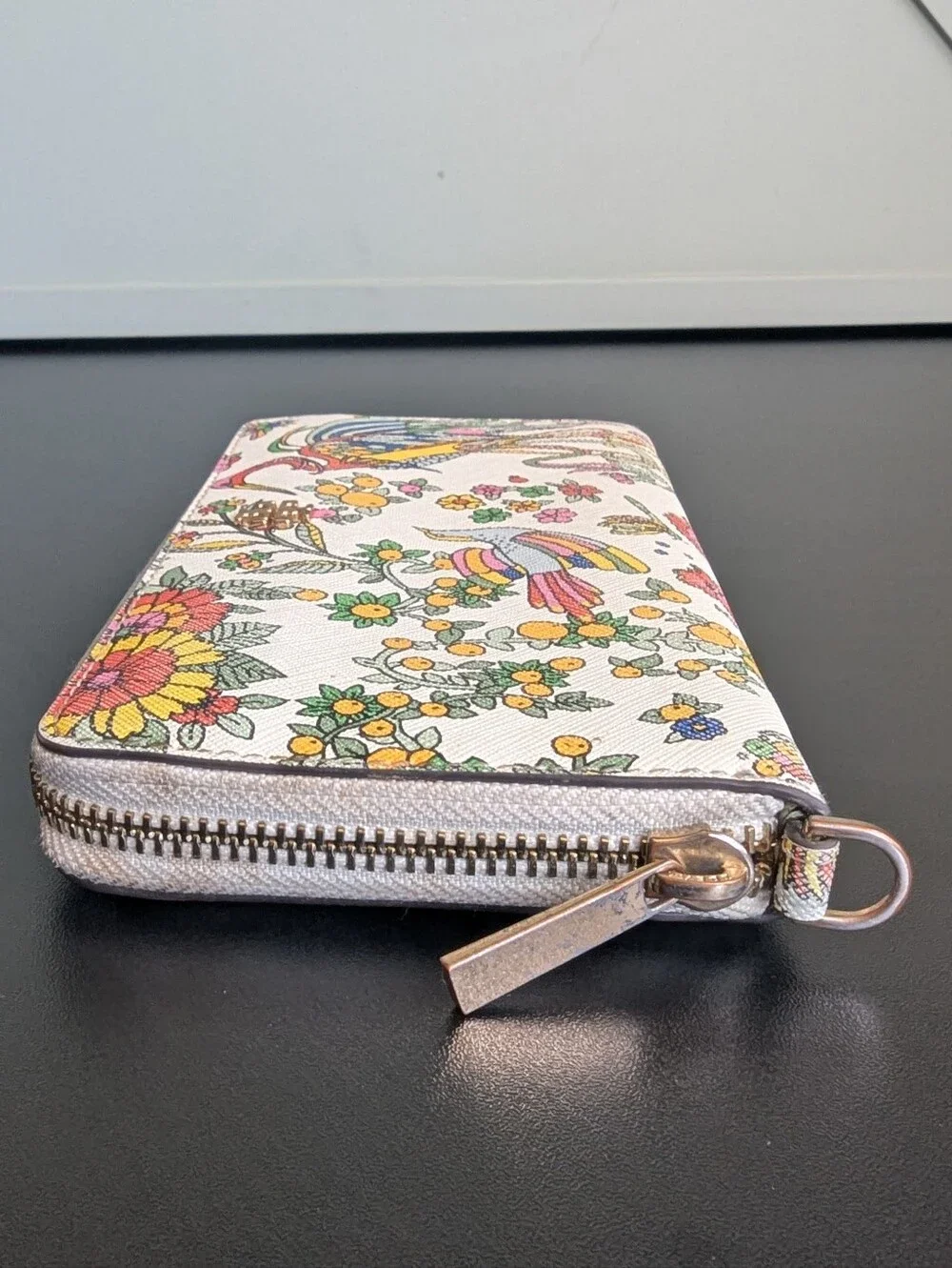 Tory Burch White Multicolor Floral & Bird Zip Wallet